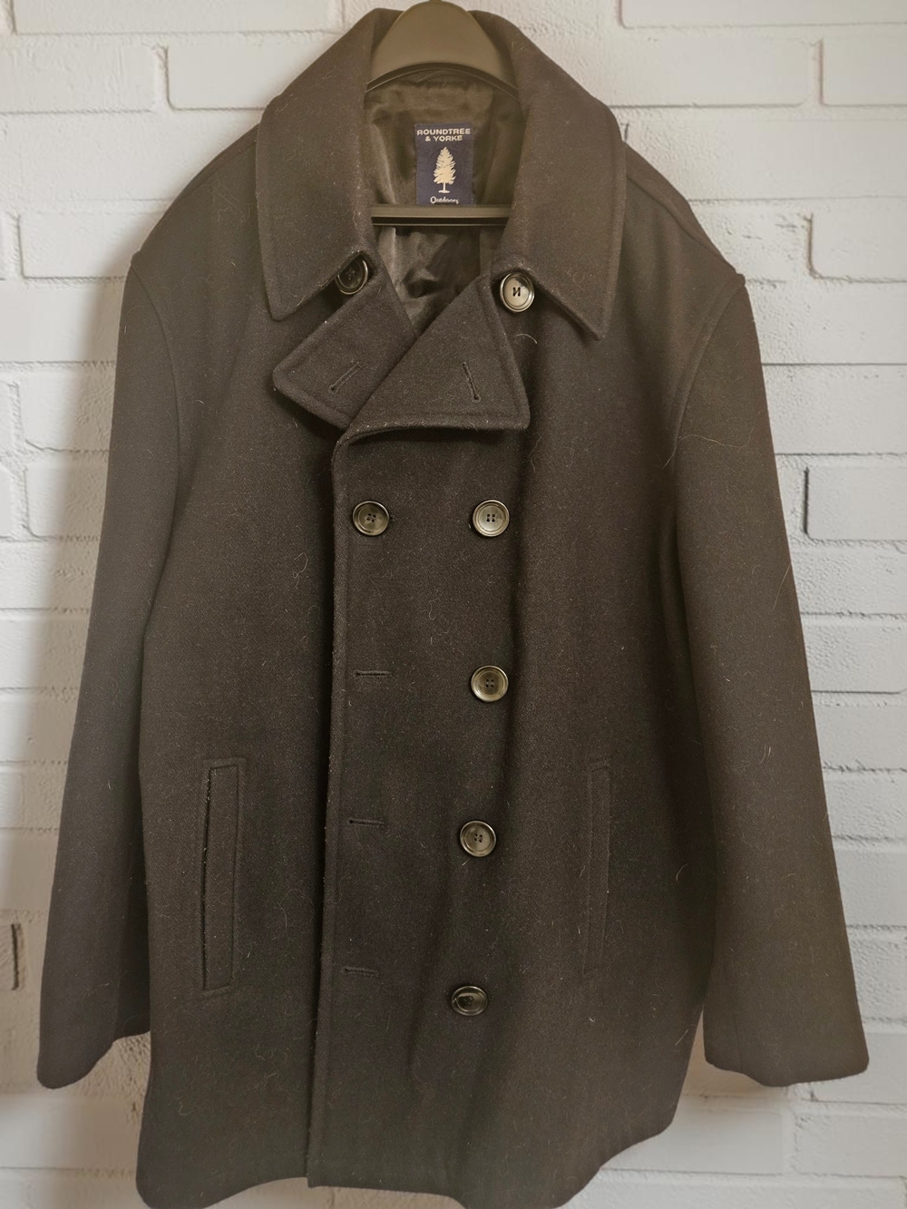 Mens Roundtree & Yorke Black Double-Breasted Wool Peacoat Sz XL